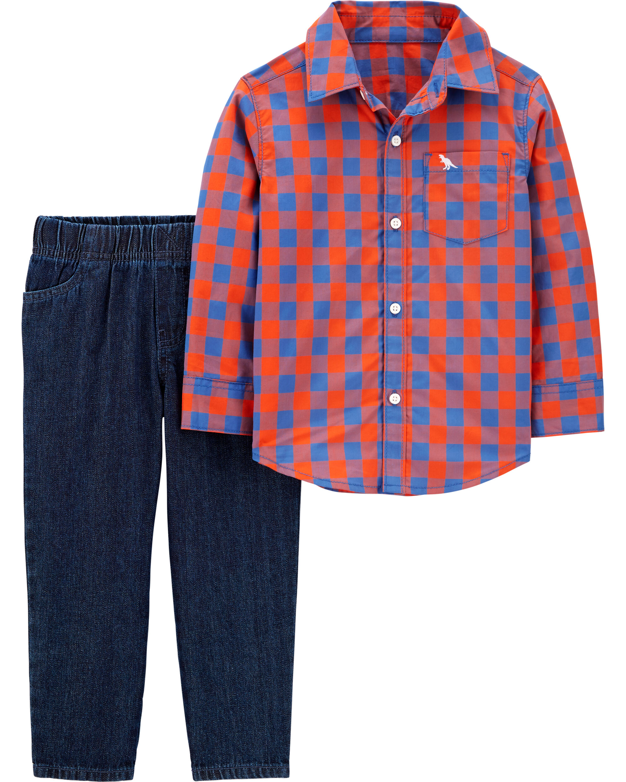 2T Carters Little Boys Blue Plaid Button Front Long Sleeve Shirt