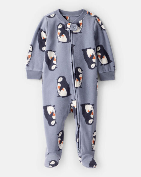 baby boy penguin fleece 2-way zip sleep & play pajamas - grey