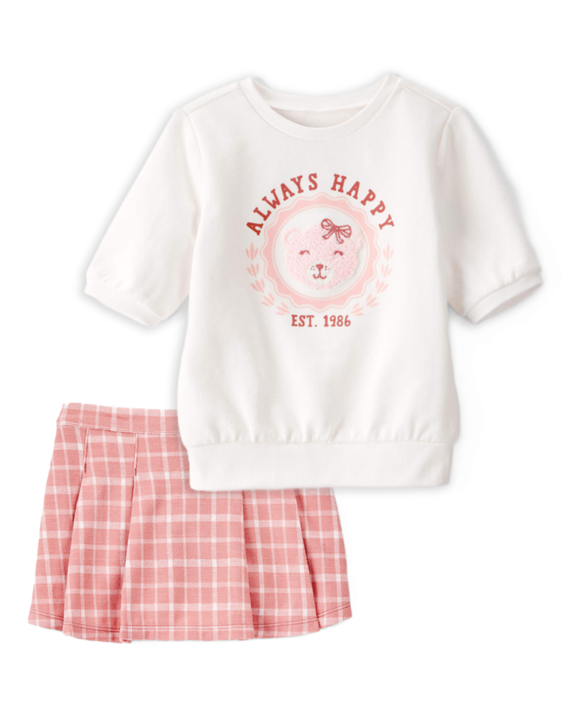 Toddler Girl 2-Piece Bear Top & Plaid Knit Skirt Set - Ivory/Pink