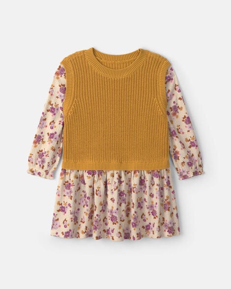 Toddler Girl Floral Long-Sleeve Dress - Yellow/Cream