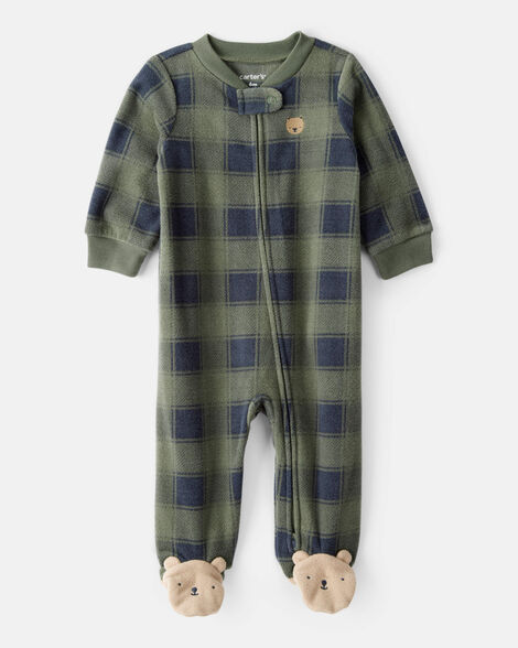 baby boy bear plaid print fleece loose fit long-sleeve sleep & play pajamas - green