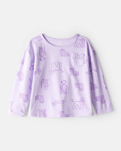 toddler girl dog print long-sleeve pocket tee - purple