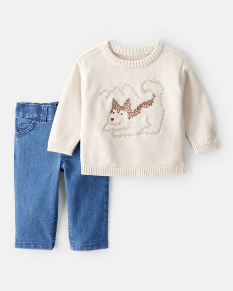 baby boy 2-piece dog sweater & pant set - cream