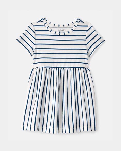 baby girl striped short-sleeve dress - blue/ivory