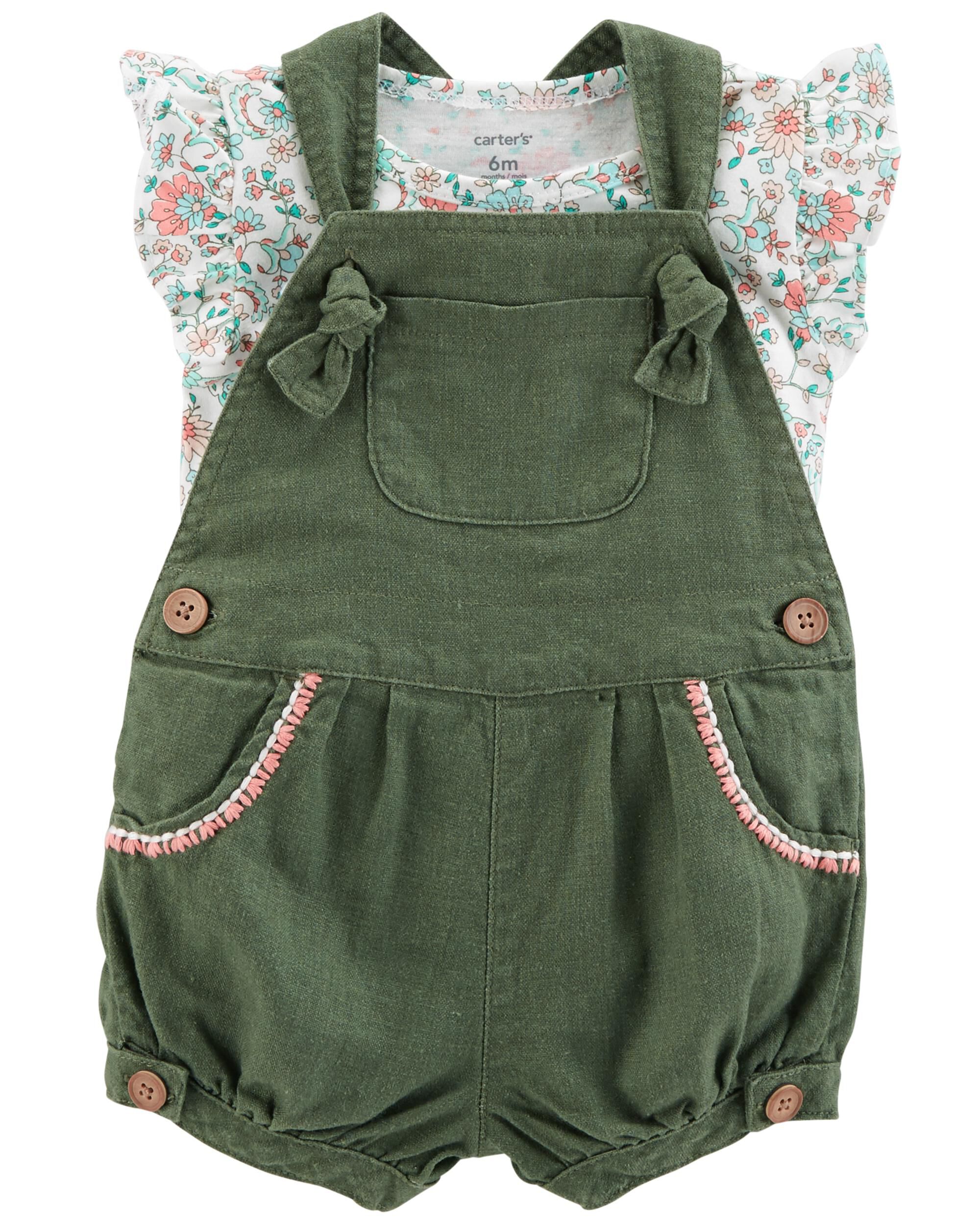 baby girl carter's floral tee & chambray shortalls set