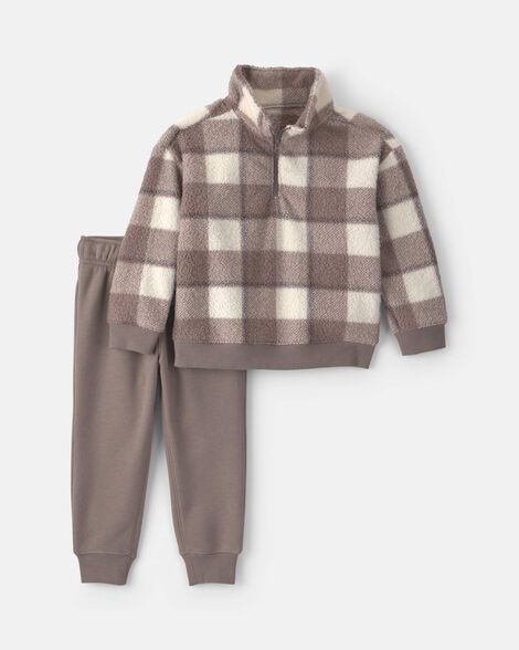 toddler boy 2-piece checkered teddy fleece pullover & pant set - grey/white