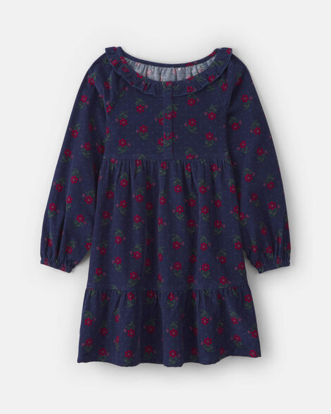 Girls Floral Corduroy Long-Sleeve Dress - Navy Blue