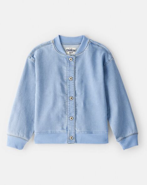 Girls Light Wash Denim Bomber Jacket - Blue