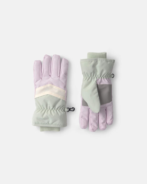 girls color block ski gloves - green/white/purple