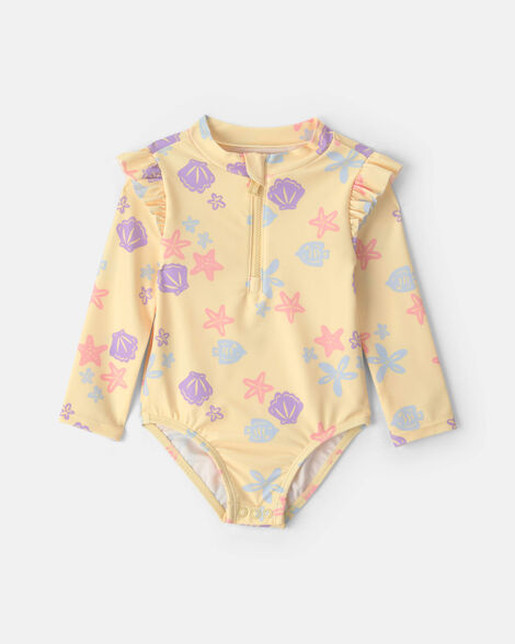 baby girl seashell & starfish rashguard - yellow