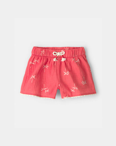 toddler girl palm tree tropical gauze fashion shorts - coral