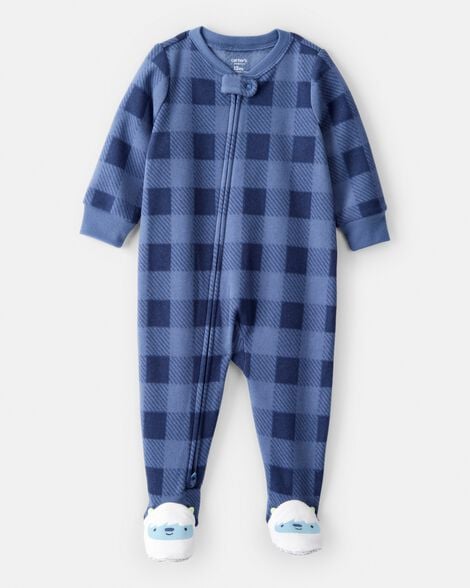 toddler boy yeti plaid fleece loose fit 1-piece pajamas - blue