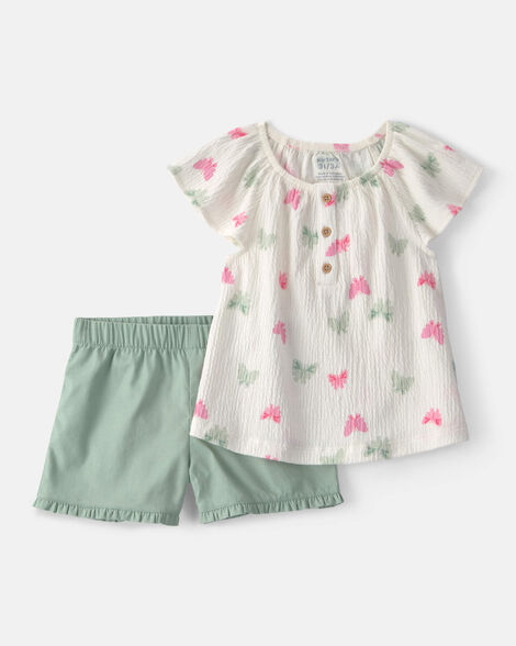 toddler girl 2-piece butterfly top & short set - green/ivory