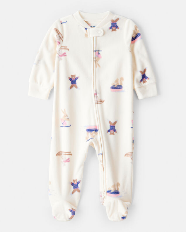 Product image 1 of Baby Girl Animal Ski Print Loose Fit Long-Sleeve Sleep & Play Pajamas - Cream