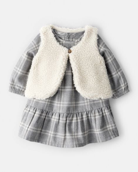 baby girl 2-piece plaid sherpa vest & dress set