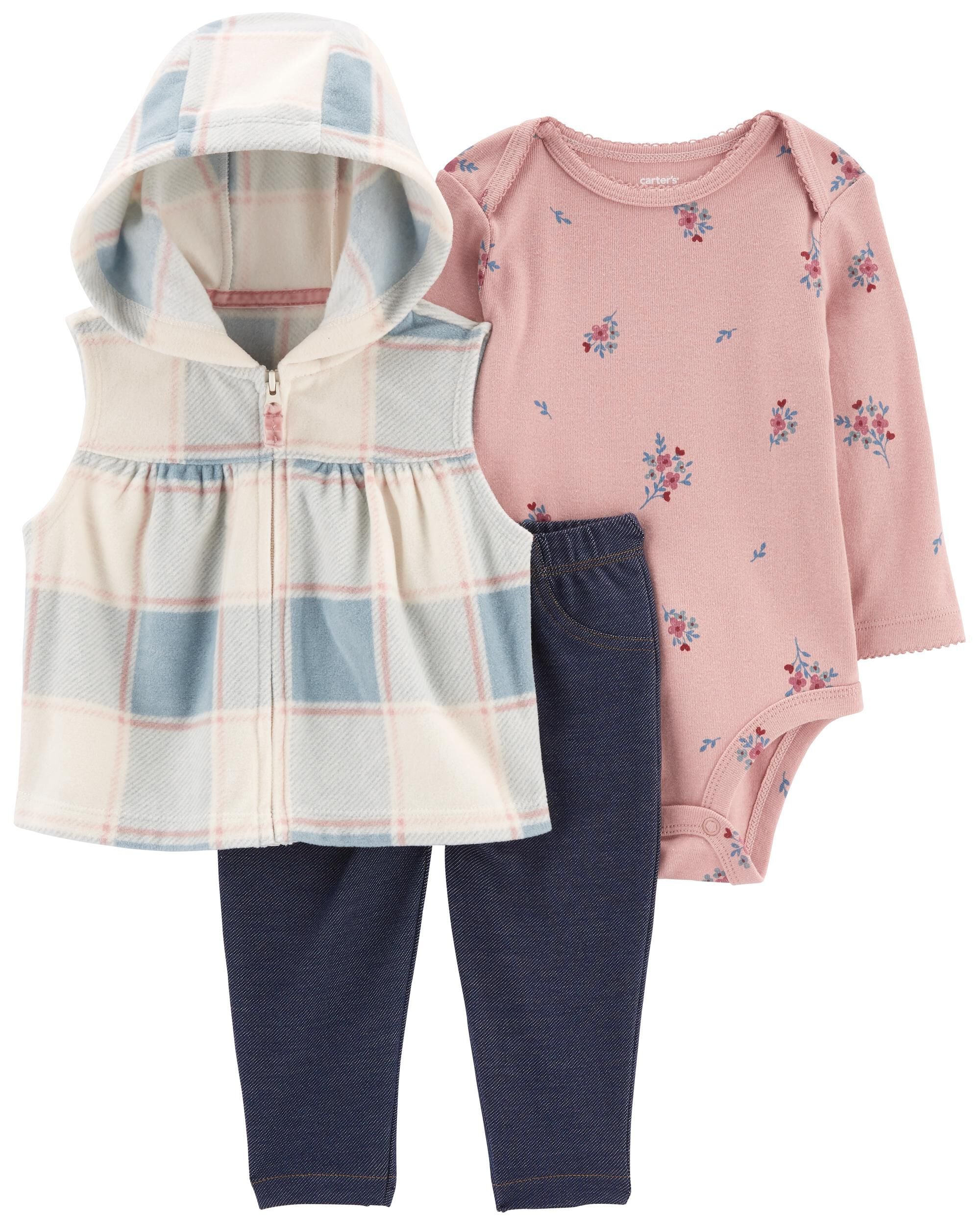 Pink/Navy Baby 3-Piece Plaid Vest Set 