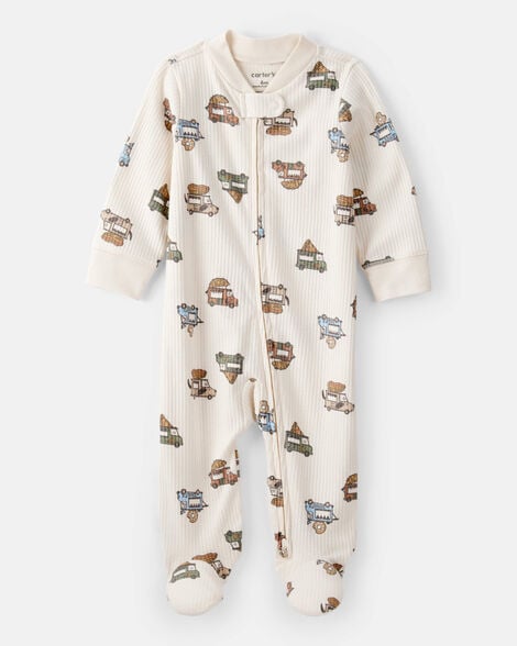 baby boy truck print cotton long-sleeve sleep & play pajamas - ivory