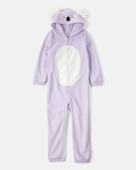 girls koala fleece hooded zip-up 1-piece pajama jumpsuit - purple