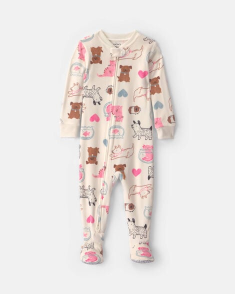 toddler girl 1-piece pets dreamplush snug fit footed pajama - cream