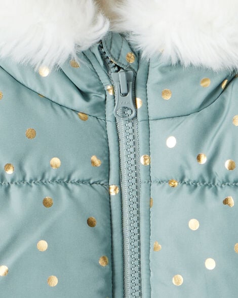 Toddler Girl 2-Piece Polka Dot Hooded Snowsuit Jacket & Bib Set - Green