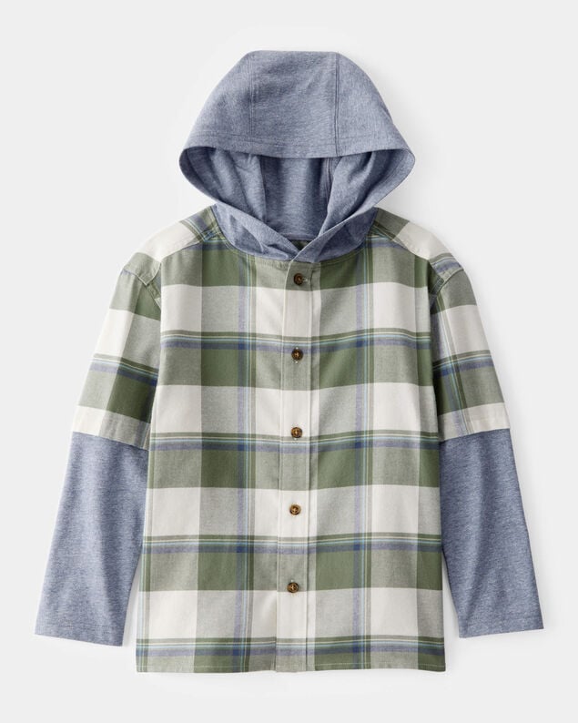 Product image 1 of Boys Plaid Layered-Look Button-Down Hooded Tee - Green