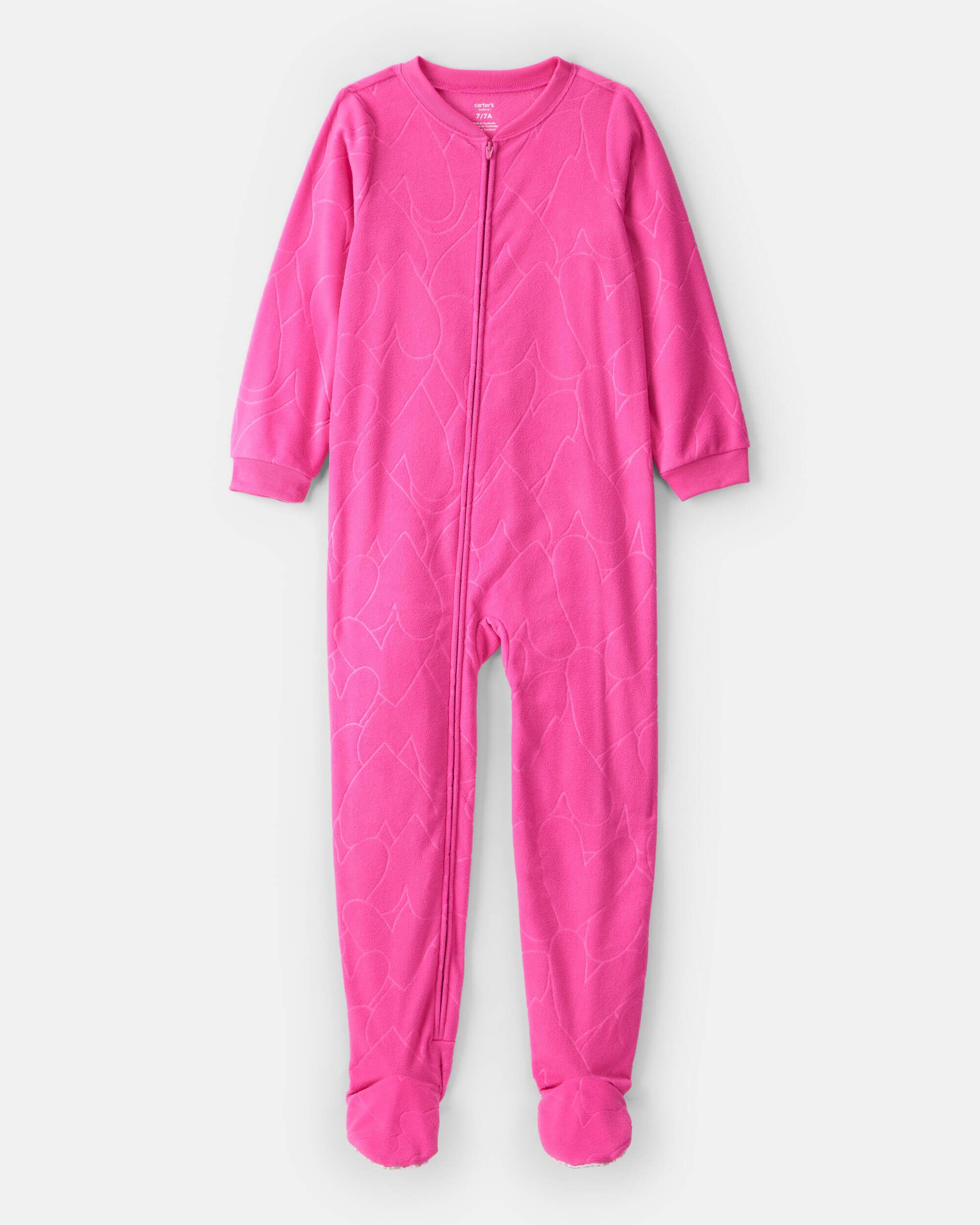 Girls Heart Fleece Long-Sleeve Loose Fit 1-Piece Pajamas - Pink