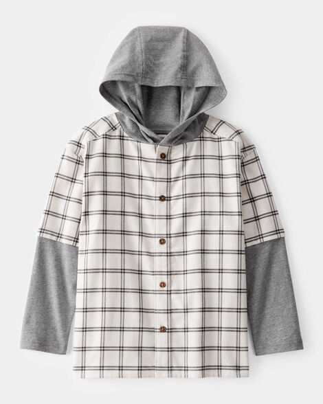 boys plaid layered-look button-down hooded tee - grey