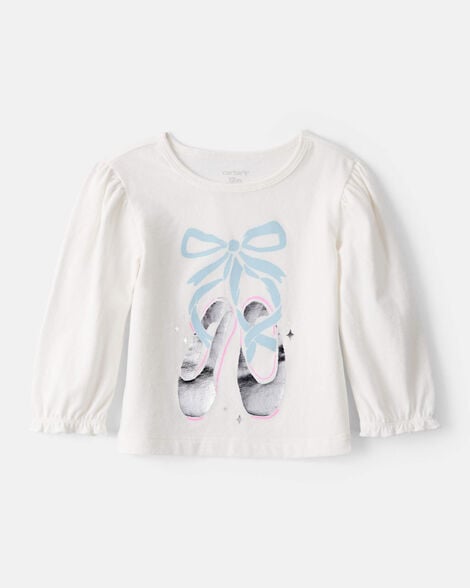 baby girl metallic ballet shoe long-sleeve graphic tee - white