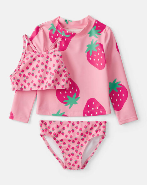 toddler girl 3-piece strawberry rashguard swimsuit set - pink