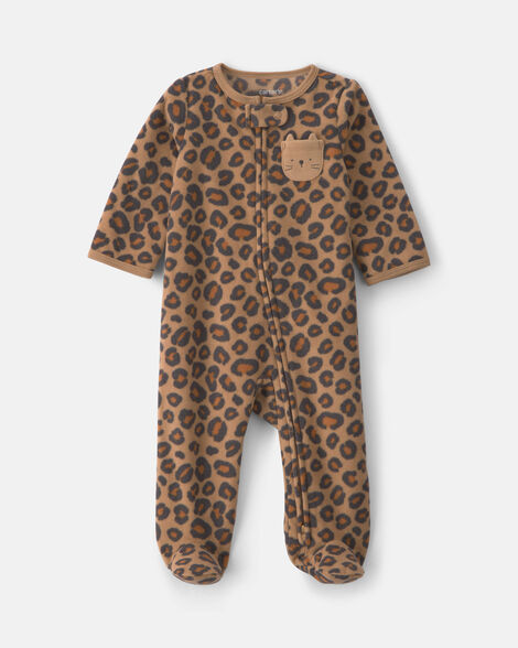 baby girl leopard fleece 2-way zip sleep & play pajamas - brown