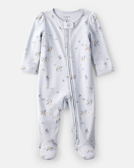 baby girl unicorn star print 100% cotton long-sleeve 2-way zip sleep & play pajamas - blue