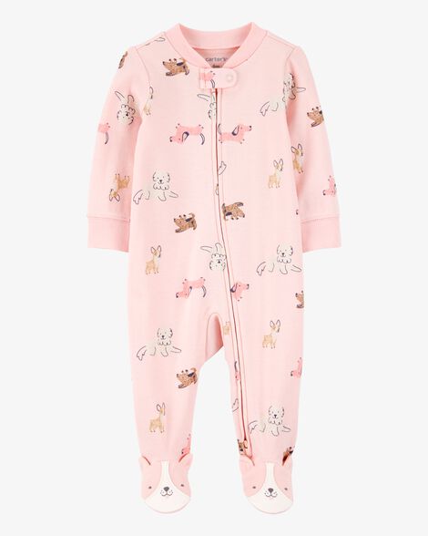 Product image 1 of Baby Girl Dog Print 2-Way Zip Cotton Sleep & Play Pajamas - Pink