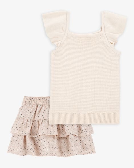 Product image 1 of Toddler 2-Piece Flutter-Sleeve Rib Tank & Floral Ruffle Skort Set - Tan/White