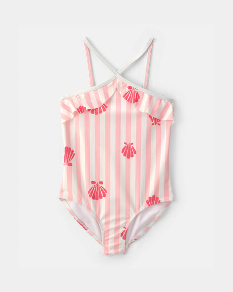 girls 1-piece shell striped swimsuit - pink