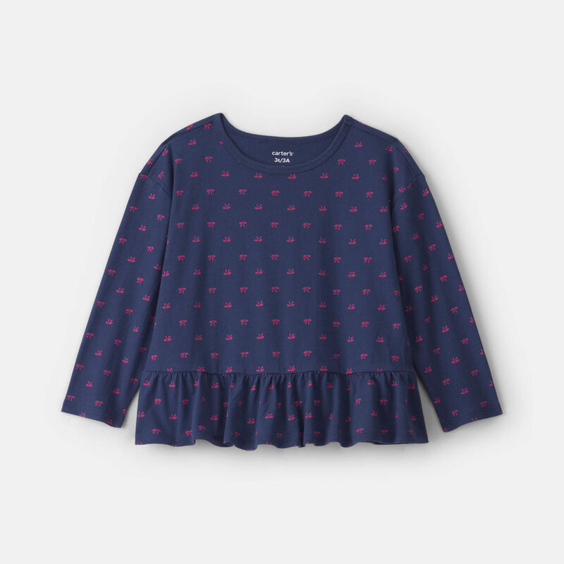 Toddler Girl Bow Long-Sleeve Peplum Top - Navy Blue