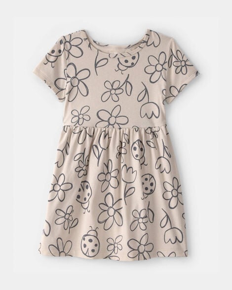 toddler girl floral ladybug short-sleeve dress - brown