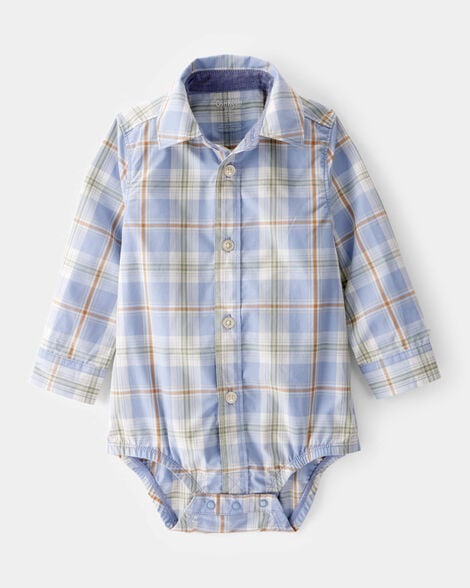Baby Poplin Plaid Button-Front Long-Sleeve Bodysuit