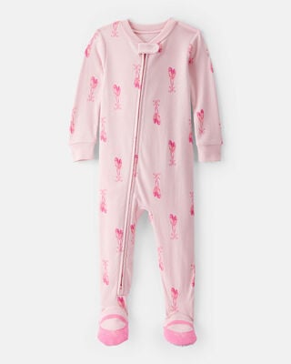 Baby Girl Dinosaur Print DreamPlush Snug Fit Long-Sleeve 2-Way Zip 1-Piece Pajamas - Pink
