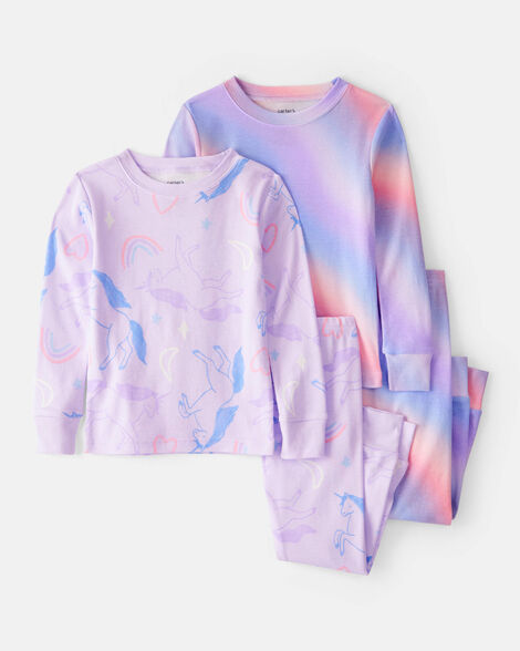toddler girl unicorn print 100% cotton long-sleeve 4-piece pajamas - purple