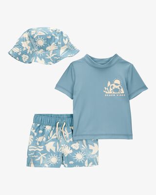 Product image 1 of Baby 3-Piece "Beach Vibes" Rashguard Swim Trunk & Hat Set