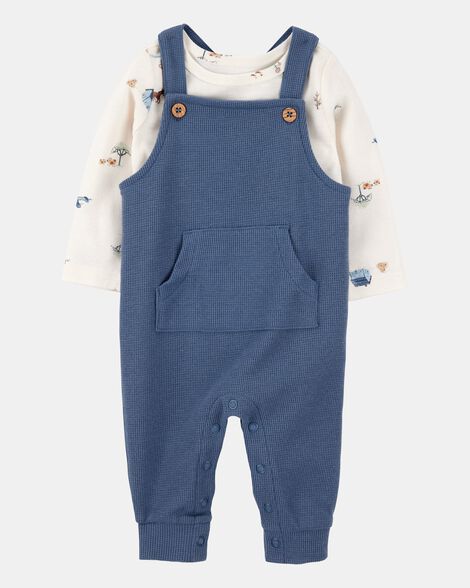 baby boy 2-piece long-sleeve tee & waffle knit coverall set - blue/white