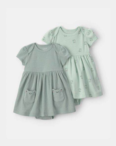 baby girl 2-pack frog short-sleeve dresses - green