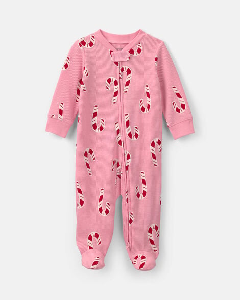 baby girl candy cane christmas thermal sleep & play pajamas - pink
