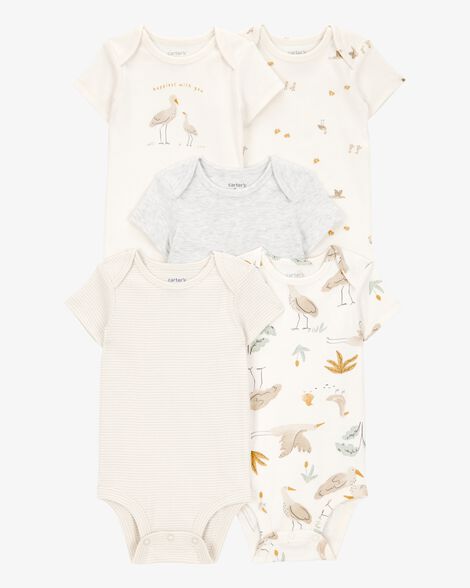  Product image 1 of Baby 5-Pack Striped Birds Short-Sleeve Cotton Bodysuits - Ivory