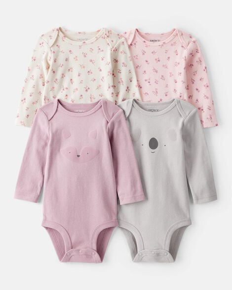 baby girl 4-pack koala print cotton long-sleeve multipack bodysuits - multi