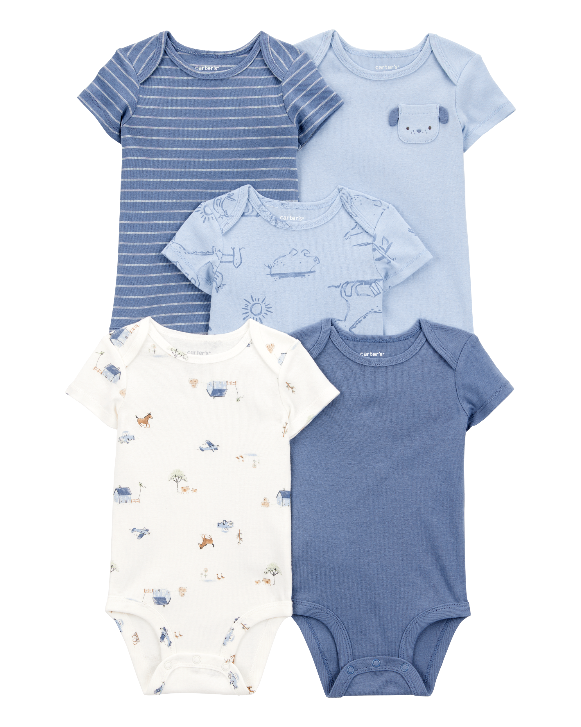 Baby Boy 5-Pack Dog Short-Sleeve Cotton Bodysuits - Blue