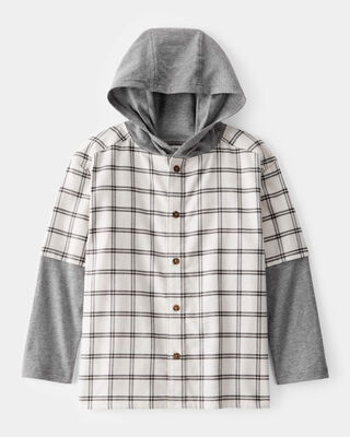 Product image 1 of Kid Plaid Layered-Look Button-Down Hooded Tee - Grey