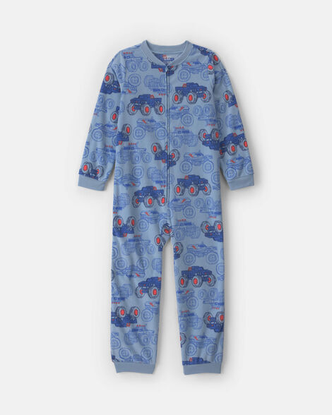 boys 1-piece monster truck fleece loose fit pajama - blue