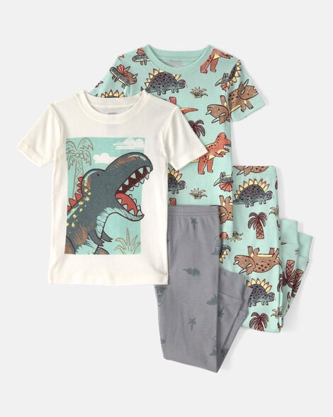 baby boy dinosaur 100% cotton snug fit 4-piece pajama set - blue/grey