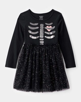 Product image 1 of Toddler Halloween Skeleton Glitter Tulle Dress - Black